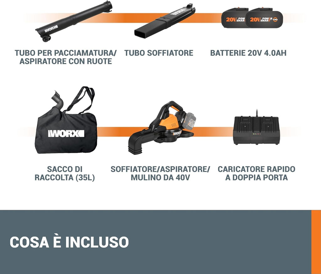 WORX Aspirador de Hojas 40V Máx. 2x20V | WG583E | PowerShare |Incluye 2 baterías y Cargador Doble |2 en 1 Recoger y aspirar – Bolsa de 35 L | Incluye Toberas | Ligero