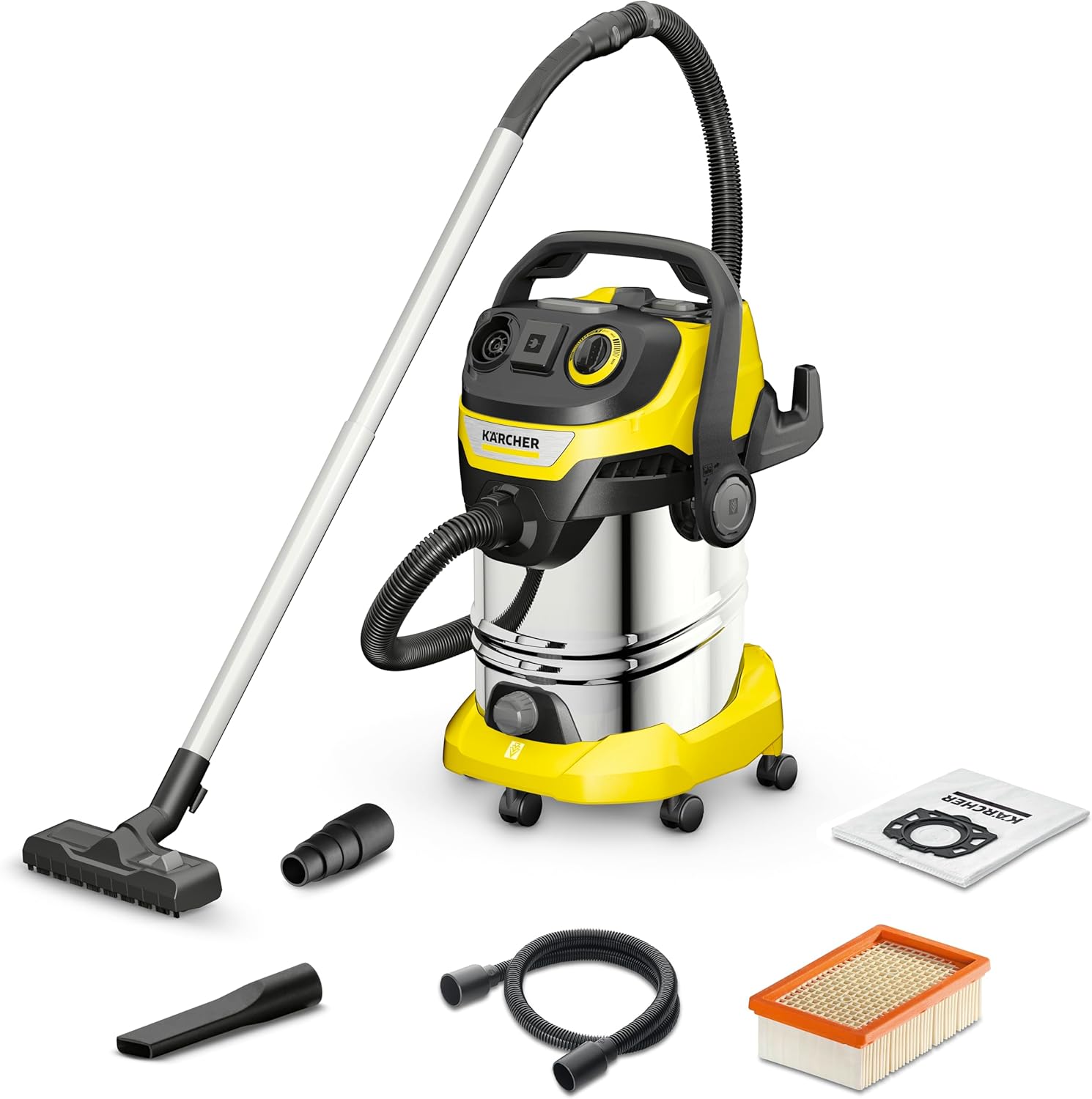 Kärcher, Aspirador en Seco y Húmedo WD 6 P S V-30/6/22/T, Filtro cartucho, 1300 W, Manguera aspiración 2 m y almacenamiento manguera, Función soplado, Yellow/Black, Depósito 30 l