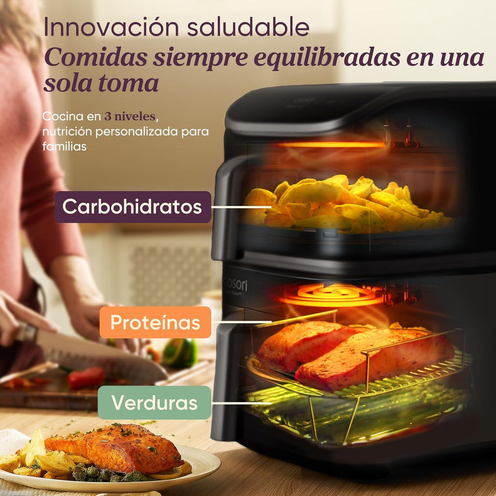 Cosori Turbo Tower Freidora de Aire10,8L con Cesta Verticales, Cocción en 3 Niveles que Ahorra Espacio, 2630 W, 6 funciones, 2 DC Motores, Más de 50 Recetas Completas en Línea