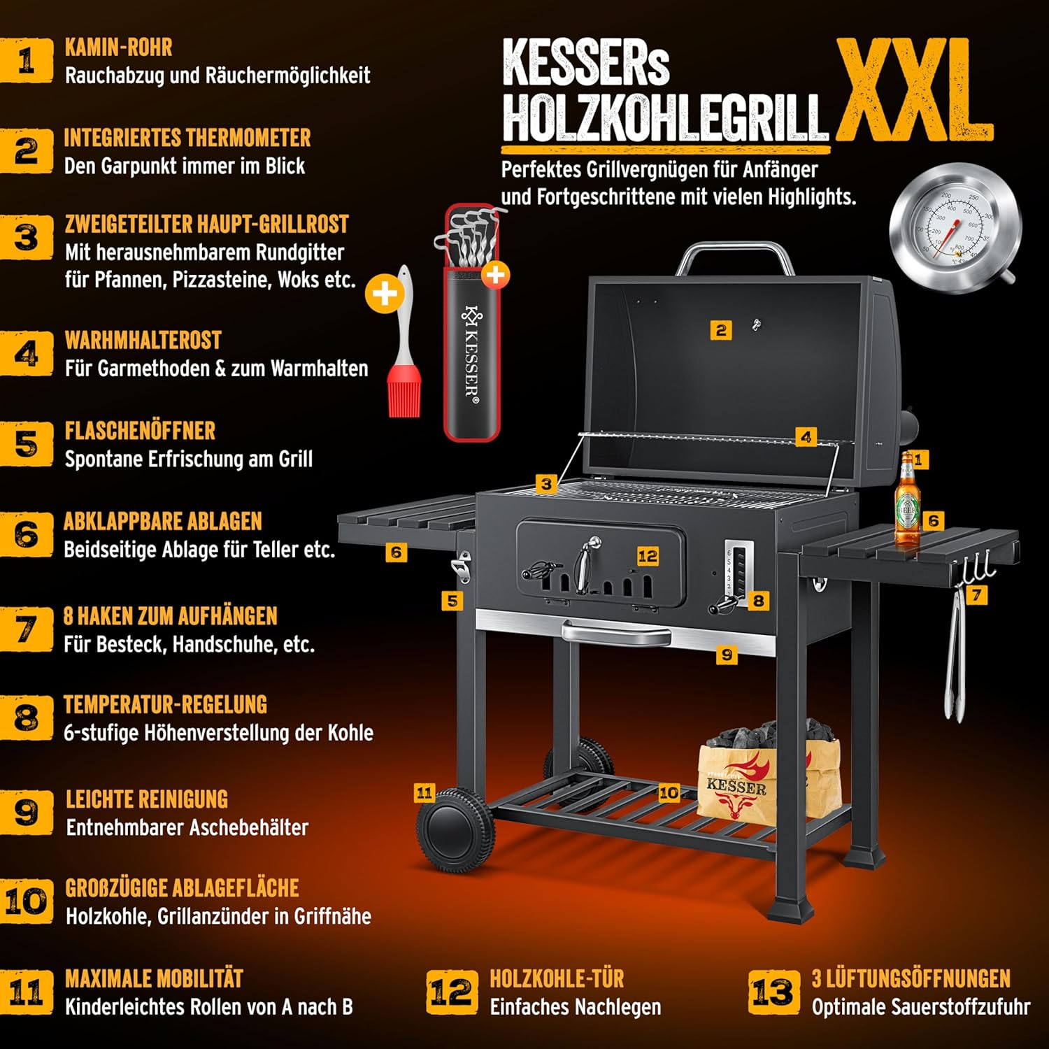 KESSER® Parilla de Carbón con Carrito Grill con Tapa, Ruedas, Mango de Acero Inoxidable | Barbacoa y Termómetro Carbón Grande BBQ Asador Camping, Terraza, Jardín XXL Gris