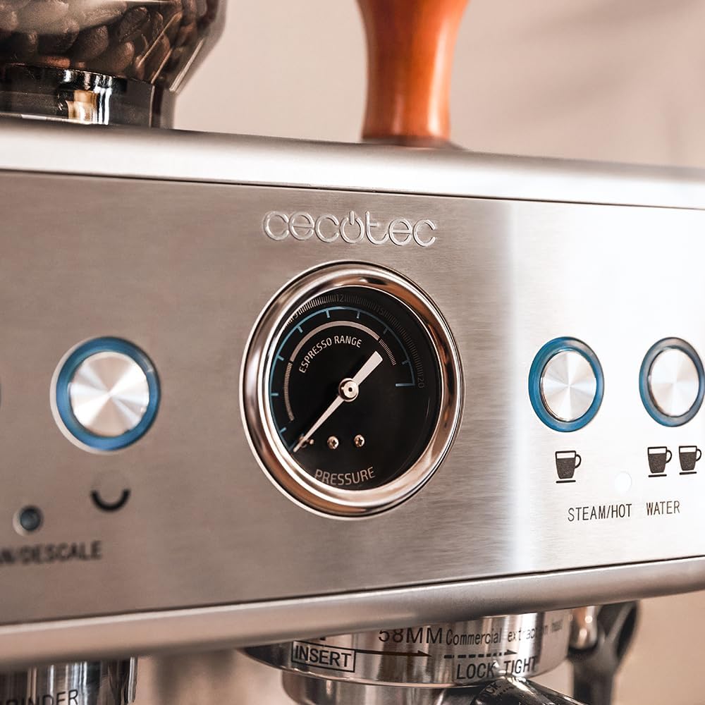 Cecotec Cafetera Express Barista Power Espresso 20 Barista. 2250W, 20 Bares, Manometro y 2 Thermoblocks, Depósito de Café en Grano, Molinillo con 20 Niveles, Vaporizador