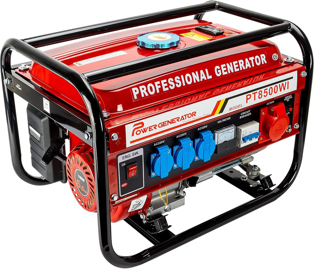 Generador de corriente con gasolina | Accesorios incluidos | Grupo electrógeno silencioso | 5 enchufes 3 x 230 V / 1 x 400 V / 1 x 12 V | 6,5 CV