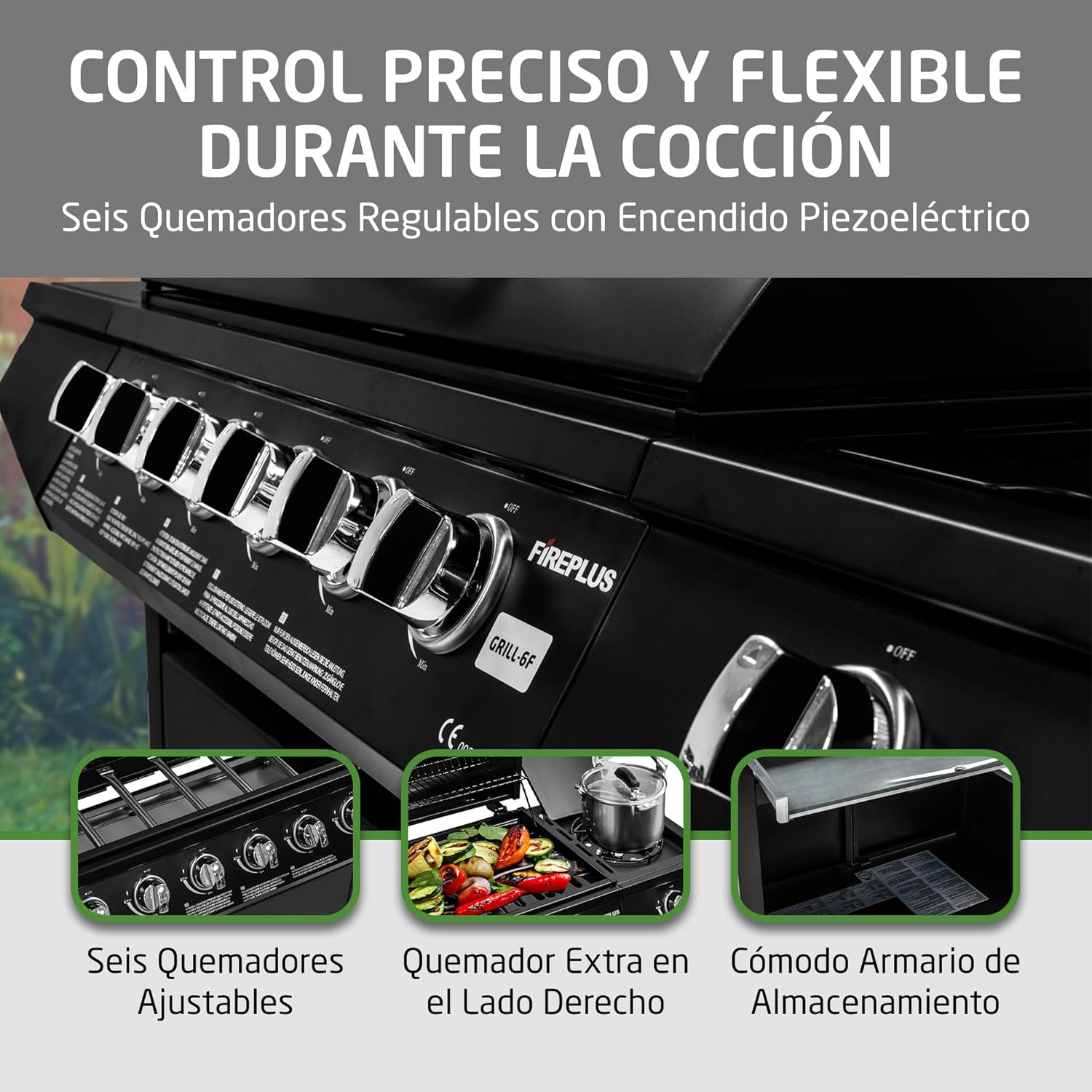 Amig - Barbacoa de gas Fireplus 6+1 de 12,9 kW - Acero inoxidable Negro - Parrilla con ruedas Modelo GRILL-6F - Barbacoa XXL con carro y termómetro - 138x52x103 cm - 7 quemadores y Bandeja lateral