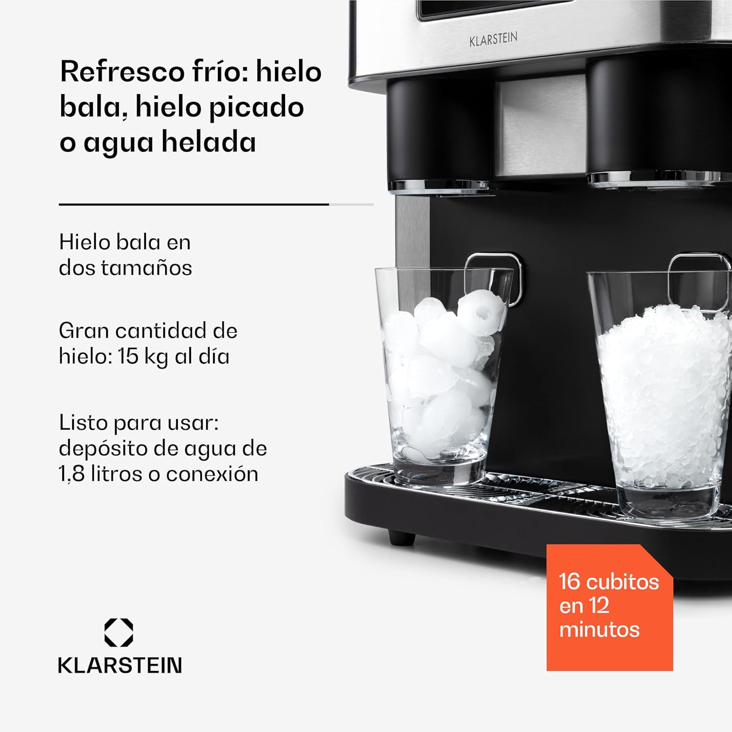 Klarstein Maquina de Hielo Doméstica, 1,8L, Gris oscuro, Ice Maker Encimera 15 kg, para Hacer Cubitos de Hielo y Picado en Casa, con Panel Táctil y Sistema Fácil Limpieza, Función Rápida