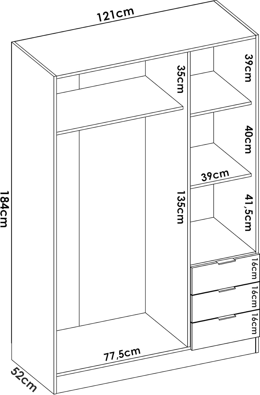 DEKIT GRUPO RIMOBEL Armario Ropero 3 Puertas Y 3 Cajones - Blanco - 121X184X52 Cm