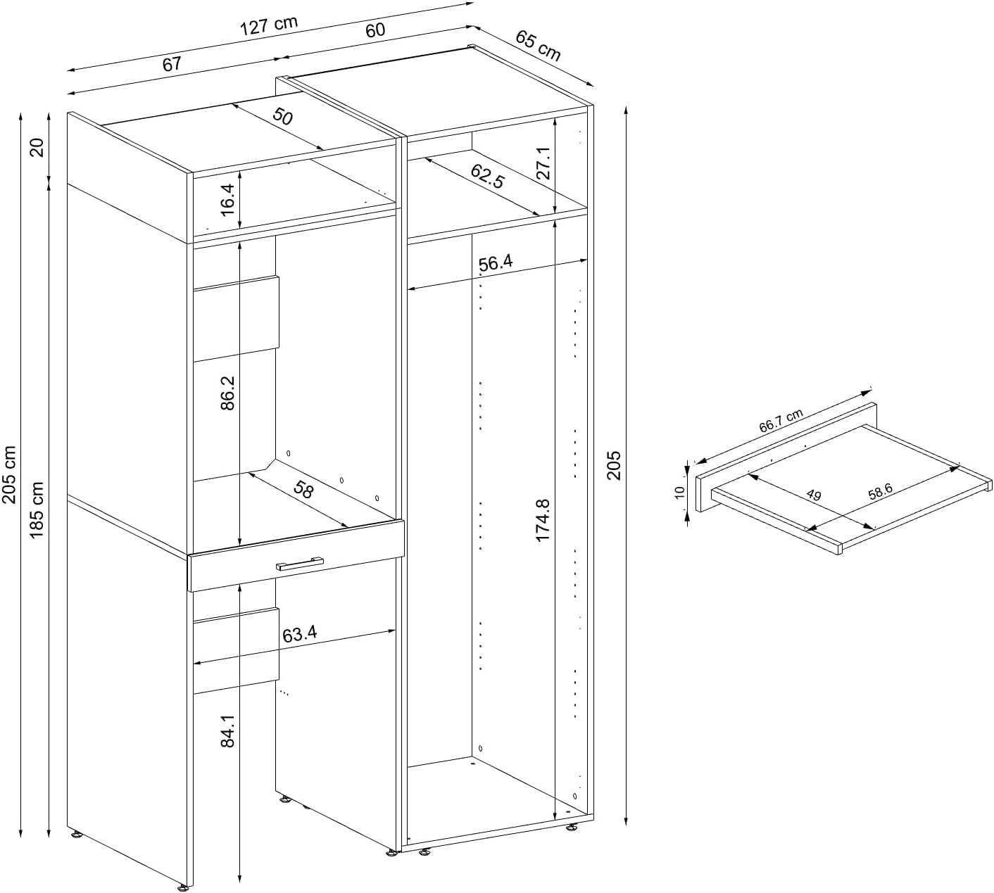 Armario de pared, secadora sobre lavadora, 127 cm de ancho, torre para lavadora, estantería (3 estantes, roble
