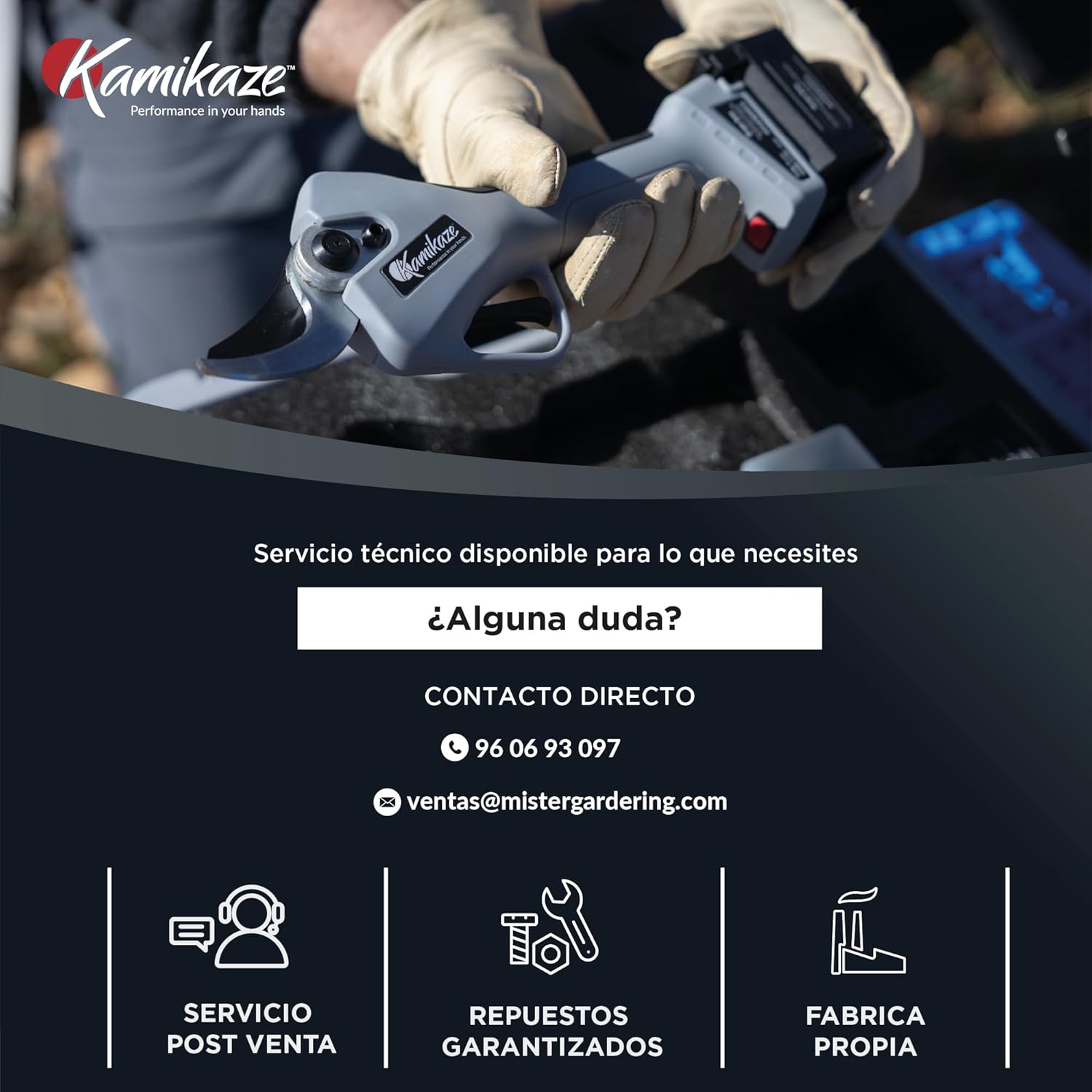 KAMIKAZE KV390 Tijera Eléctrica de Poda Profesional con Batería de Litio 21,6V, Ø35mm de Corte, 2 Baterías y Cargador Triple, Pantalla Inteligente, Kit de Mantenimiento y Maletín de Transporte