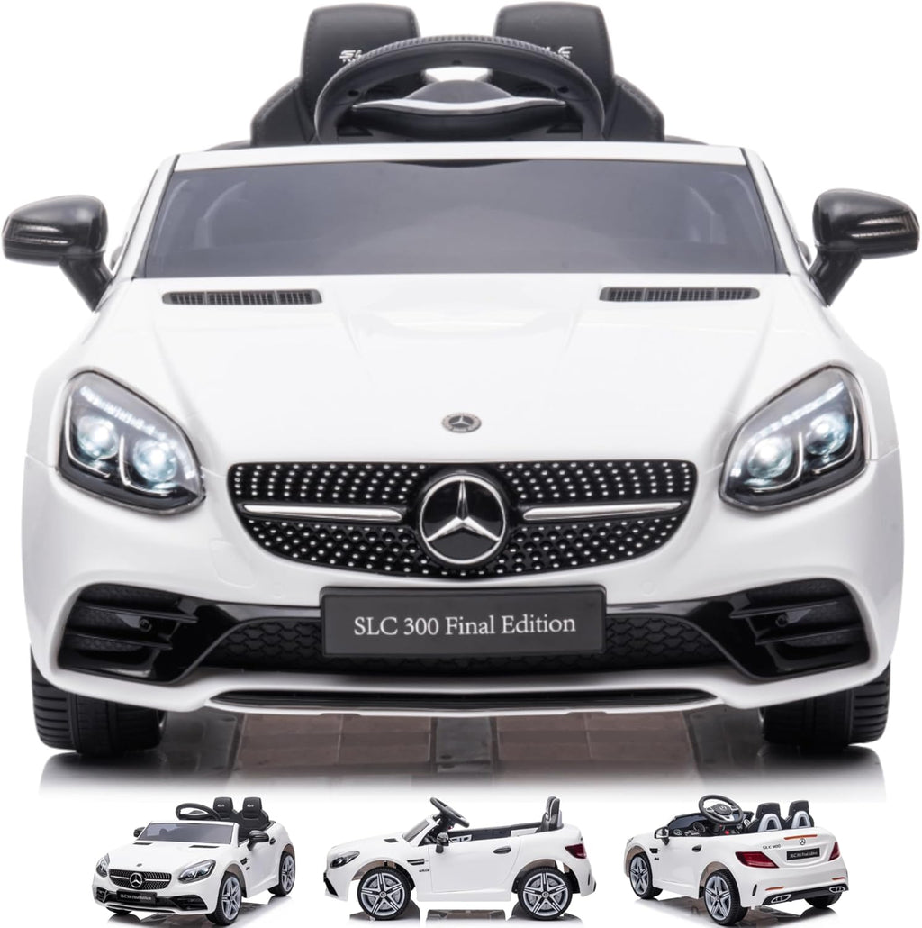 DEVESSPORT Coche Eléctrico Infantil Mercedes SLC 300 12V | con Mando, Faros LED, Música, USB y Apertura de Puertas – para Niños de 3 a 6 Años (Blanco)