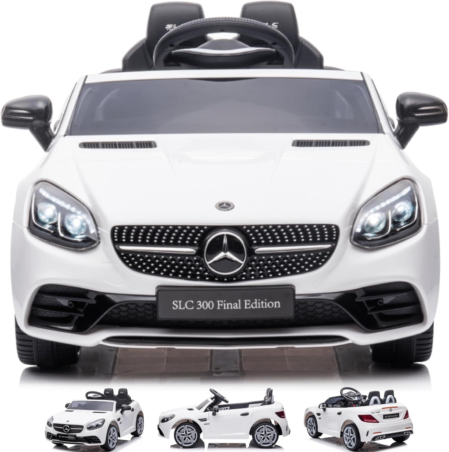 DEVESSPORT Coche Eléctrico Infantil Mercedes SLC 300 12V | con Mando, Faros LED, Música, USB y Apertura de Puertas – para Niños de 3 a 6 Años (Blanco)