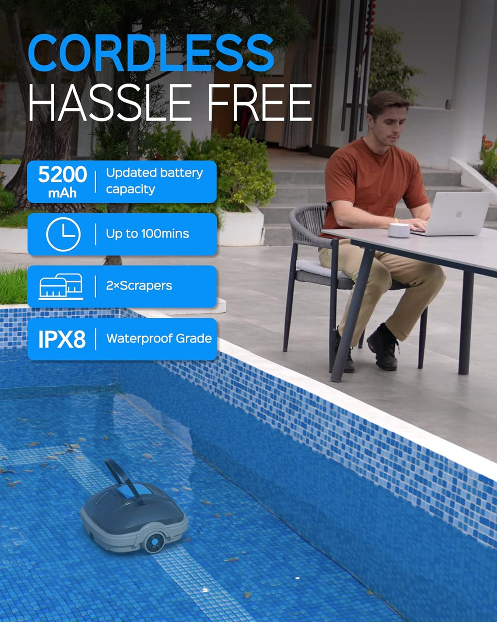Robot Limpiafondos Piscina Electrico sin Cable para Aspirador Piscinas de hasta 80m², 100 Mins Doble Filtración y Estacionamiento Automático, Robot Limpiafondos Piscina con Motores de Doble Tracción