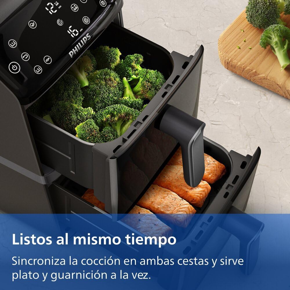 Philips Airfryer Series 4000 Double Vertical Basket 10L – RapidAir Technology, Sync, 2 Baskets at Once, 45% Less Space, PFAS Free Ceramic Coating, Viewing Windows (NA460/00)