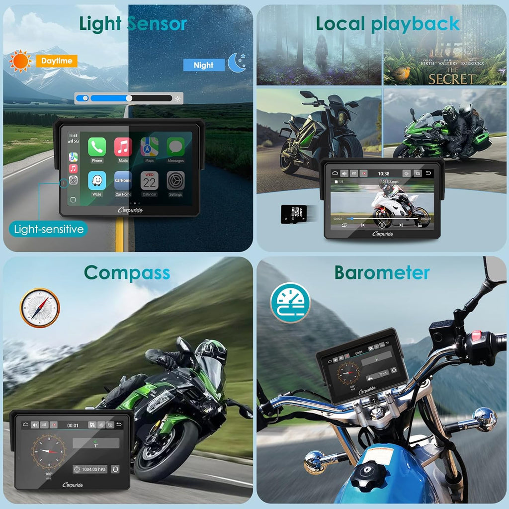 Carpuride W502S Pro - GPS inalámbrico para Motocicleta, Carplay/Android Auto, Pantalla táctil Impermeable de 5", con Soporte BM05, Bluetooth Trans, Mando a Distancia con Cable y navegación