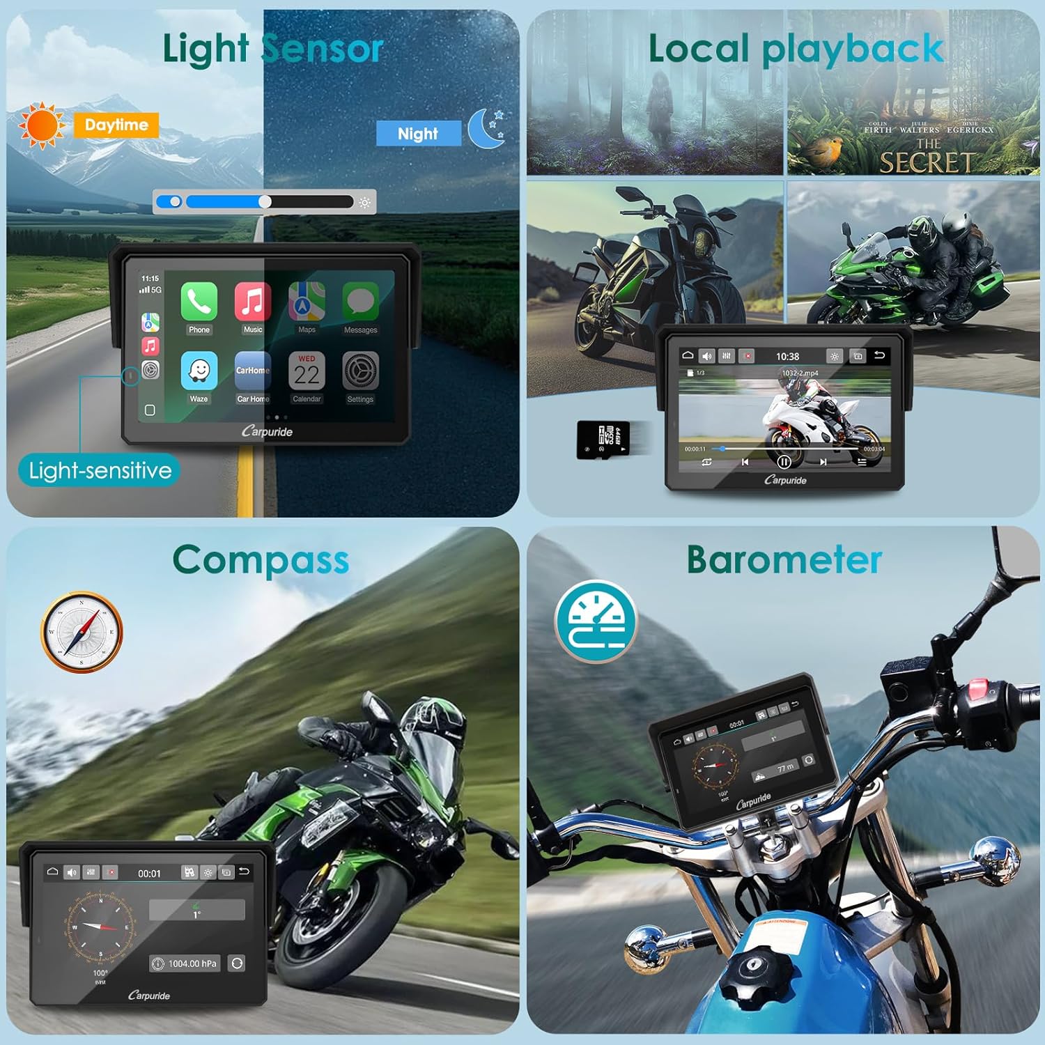 Carpuride W502S Pro - GPS inalámbrico para Motocicleta, Carplay/Android Auto, Pantalla táctil Impermeable de 5", con Soporte BM05, Bluetooth Trans, Mando a Distancia con Cable y navegación
