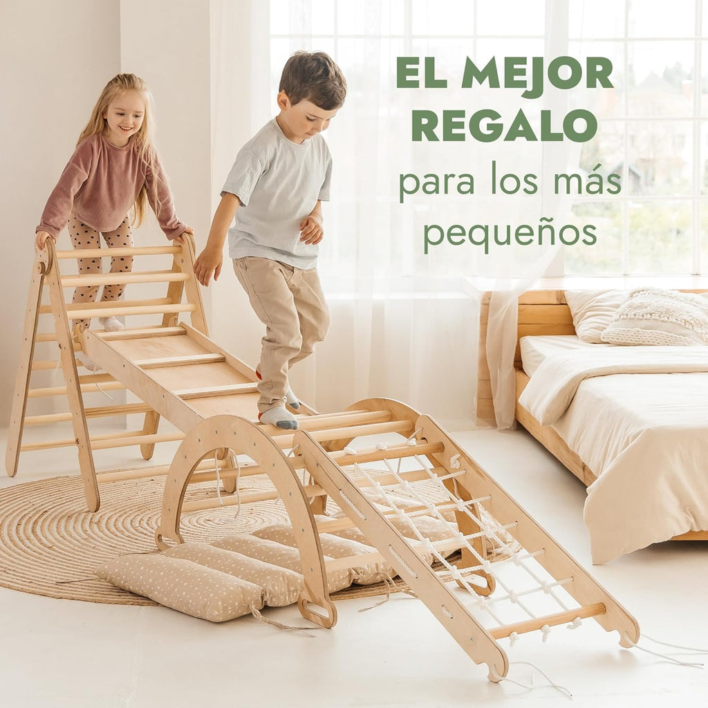 5 en 1 Montessori Juego de Escalada Interior para Niños Pequeños - Gimnasio de Madera para Niños Escalera Triangular & Arco & Rampa de Escalada & Red & Cojín - Gimnasio de Madera para niños pequeños