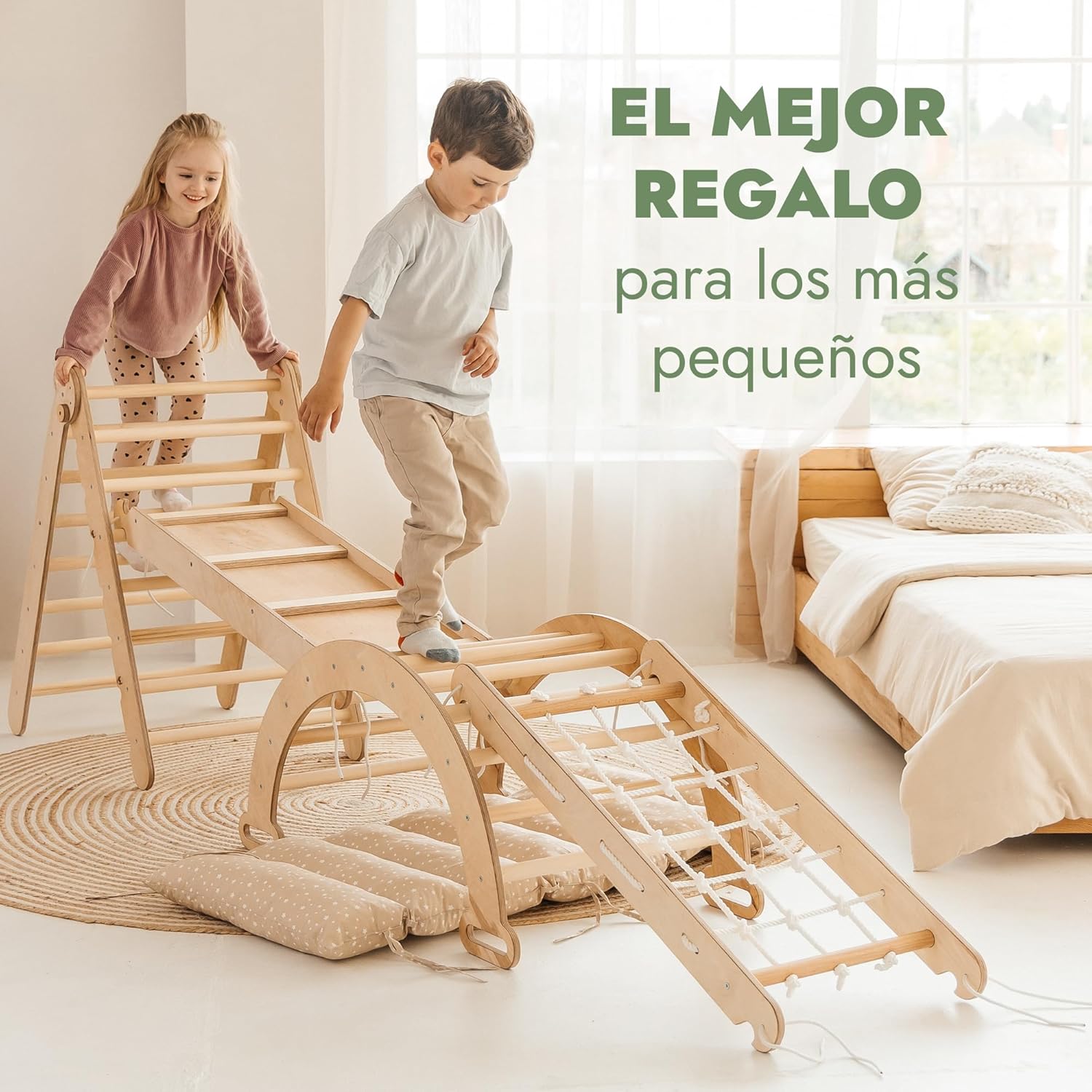 5 en 1 Montessori Juego de Escalada Interior para Niños Pequeños - Gimnasio de Madera para Niños Escalera Triangular & Arco & Rampa de Escalada & Red & Cojín - Gimnasio de Madera para niños pequeños