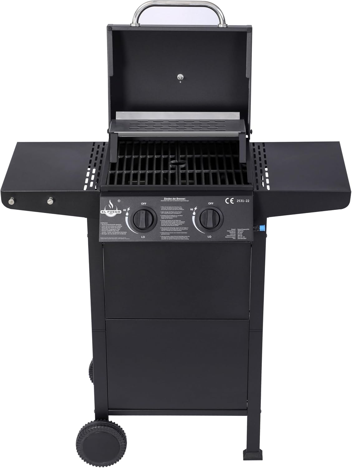 Grill gazowy "San Jose 2 palniki" firmy El Fuego®, w zestawie wąż gazowy i reduktor ciśnienia, ruszt do grillowania z żeliwa, z termometrem i dużymi półkami bocznymi, grill BBQ | AY0204