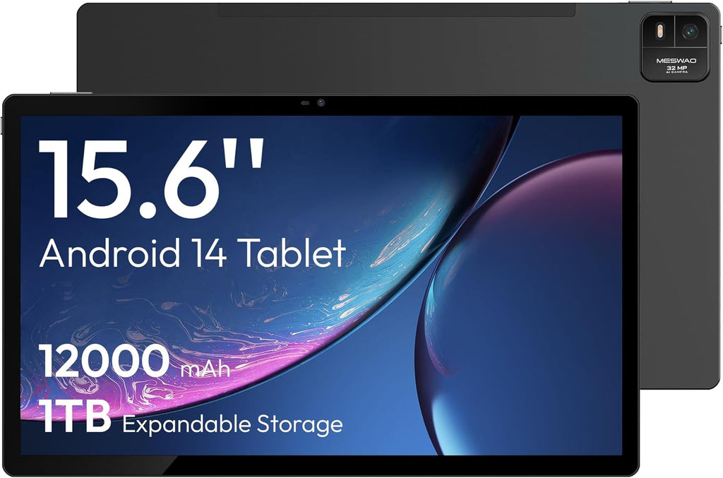 MESWAO 15.6 Pulgadas Tablet, 2025 Newest Mes-B3 Grande Tablet con Pantalla IPS, Helio G99 Octa-Core, 6GB RAM+128GB ROM(1TB TF), 12000mah, BT5.0, 2.4G/5G WiFi, Android 14, 32MP CÁMARA