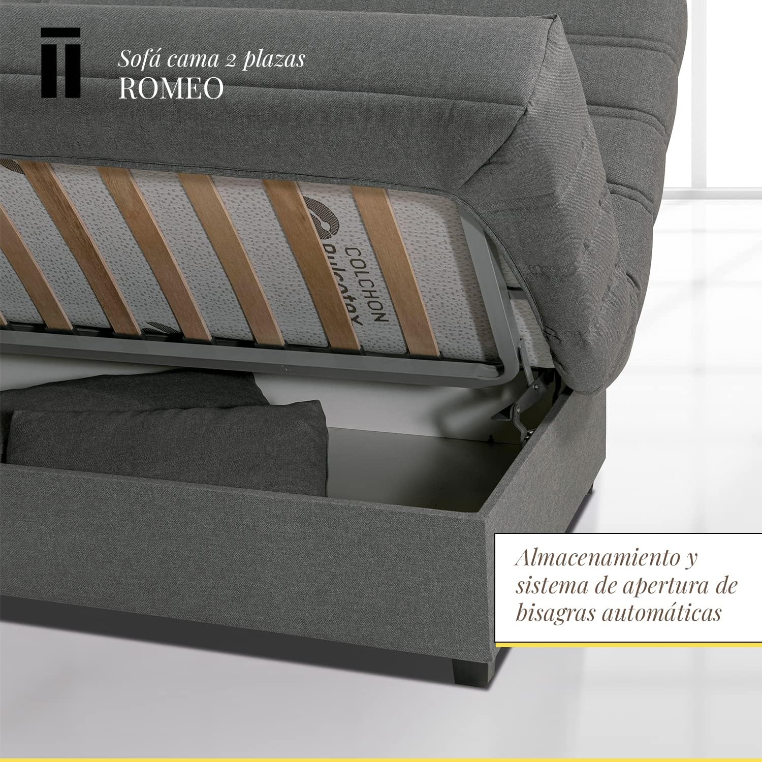 SHIITO - Sofá Cama de 3 Plazas con Arcón Interior - 100 x 193 x 100 cm - Modelo Romeo - con Apertura Clic-Clac - Incluye 2 Cojines - Color Gris Oscuro