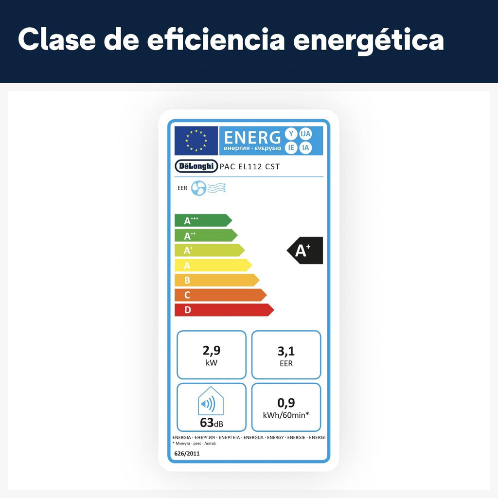 Pingüino PACEL112 Silent Aire Acondicionado Portátil Silencioso con Tecnología Eco Real Feel y Cool Surround, Función Deshumidificadora, 2.9 kW, 63 dB, Plástico, Negro, Clasa A, hasta 110m3