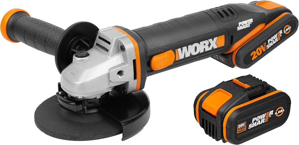 WORX | Amoladora 125mm 20V | PowerShare | WX803 | Incluye 2 baterías 2Ah y 4Ah | Bloqueo del husillo | interruptor lateral | Sistema de ajuste rápido sin herramientas | Mango auxiliar