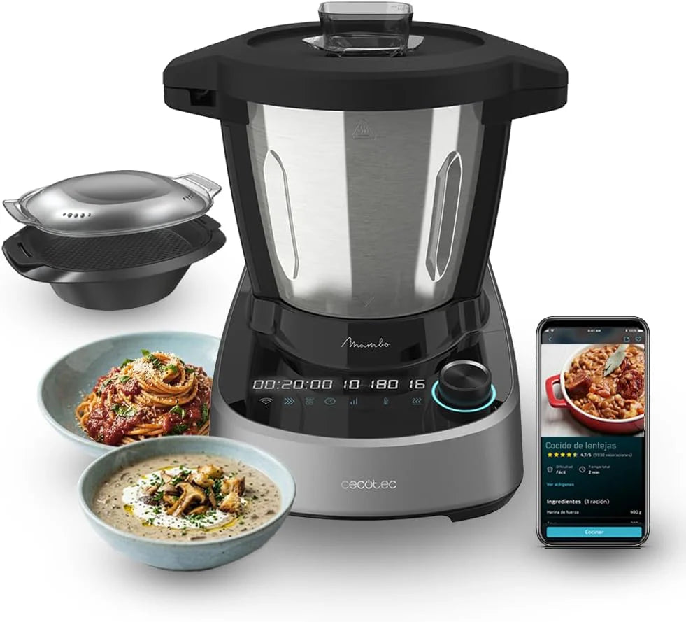 Cecotec Robot de Cocina Multifunción Mambo 11090, 1600 W, 37 Funciones, APP, Báscula y Jarra de 3,3 Litros de Acero inoxidable apta para Lavavajillas, Recetario y Accesorios