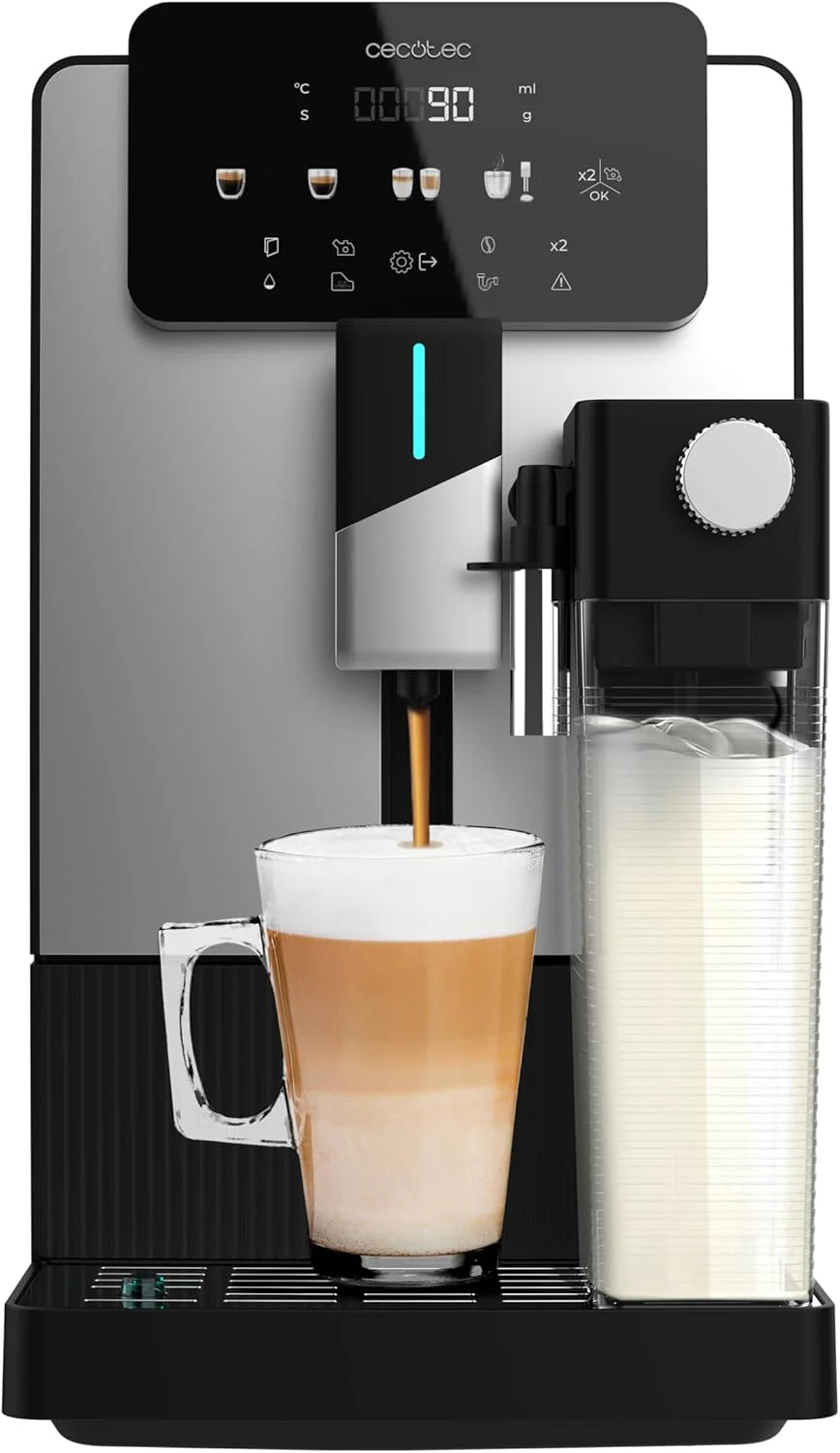 Cecotec Cremmaet Latte Touch Superautomatic Coffee Maker, 19 Bars, Thermoblock, 12 Beverages, 4 Profiles, Water 1.1L and 400 ml Milk, TFT Screen, Conical Grinder, Automatic Cleaning, Adjustable Height