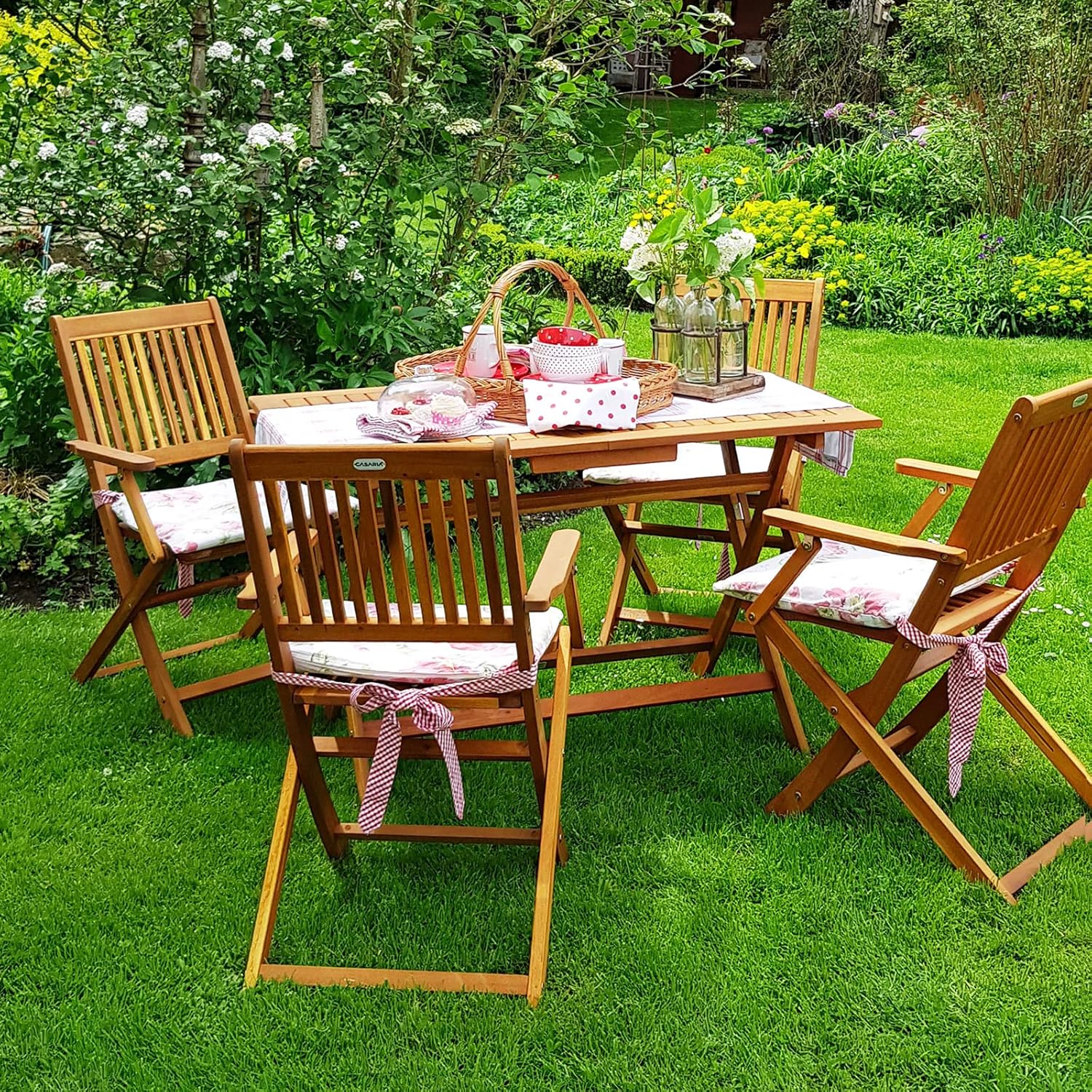 CASARIA® FSC® Outdoor Garden Table Set of 4 Chairs Acacia Wood Dining Set Patio Terrace Balcony Set 5 Pieces Folding Table Seats Armrests Durable Weather Resistant 120 x 70 cm
