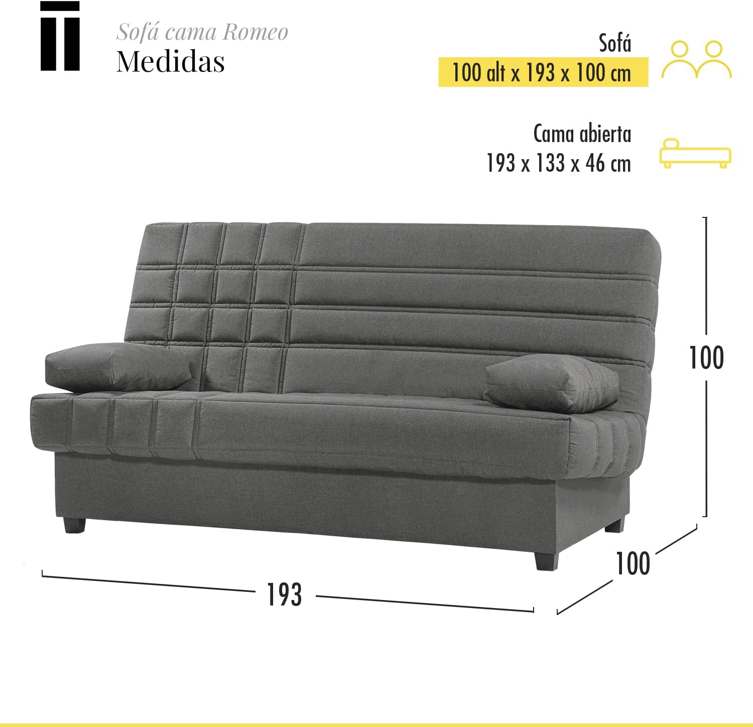 SHIITO - Sofá Cama de 3 Plazas con Arcón Interior - 100 x 193 x 100 cm - Modelo Romeo - con Apertura Clic-Clac - Incluye 2 Cojines - Color Gris Oscuro