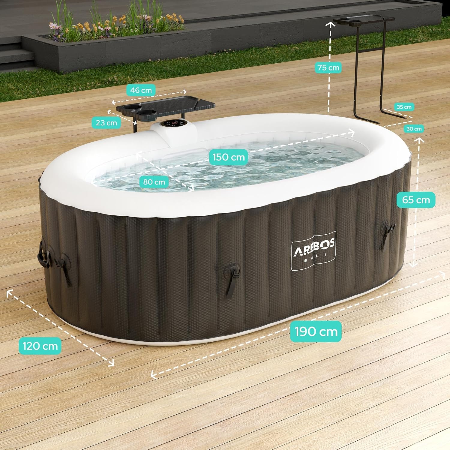Arebos Nadmuchiwane spa z oświetleniem LED | Nadmuchiwane | Wnętrze i na zewnątrz | 190x120 cm Owal | 2 osoby | 90 dysz masujących | z ogrzewaniem | 550 litrów | Okładka w zestawie | Bąbelkowe Spa
