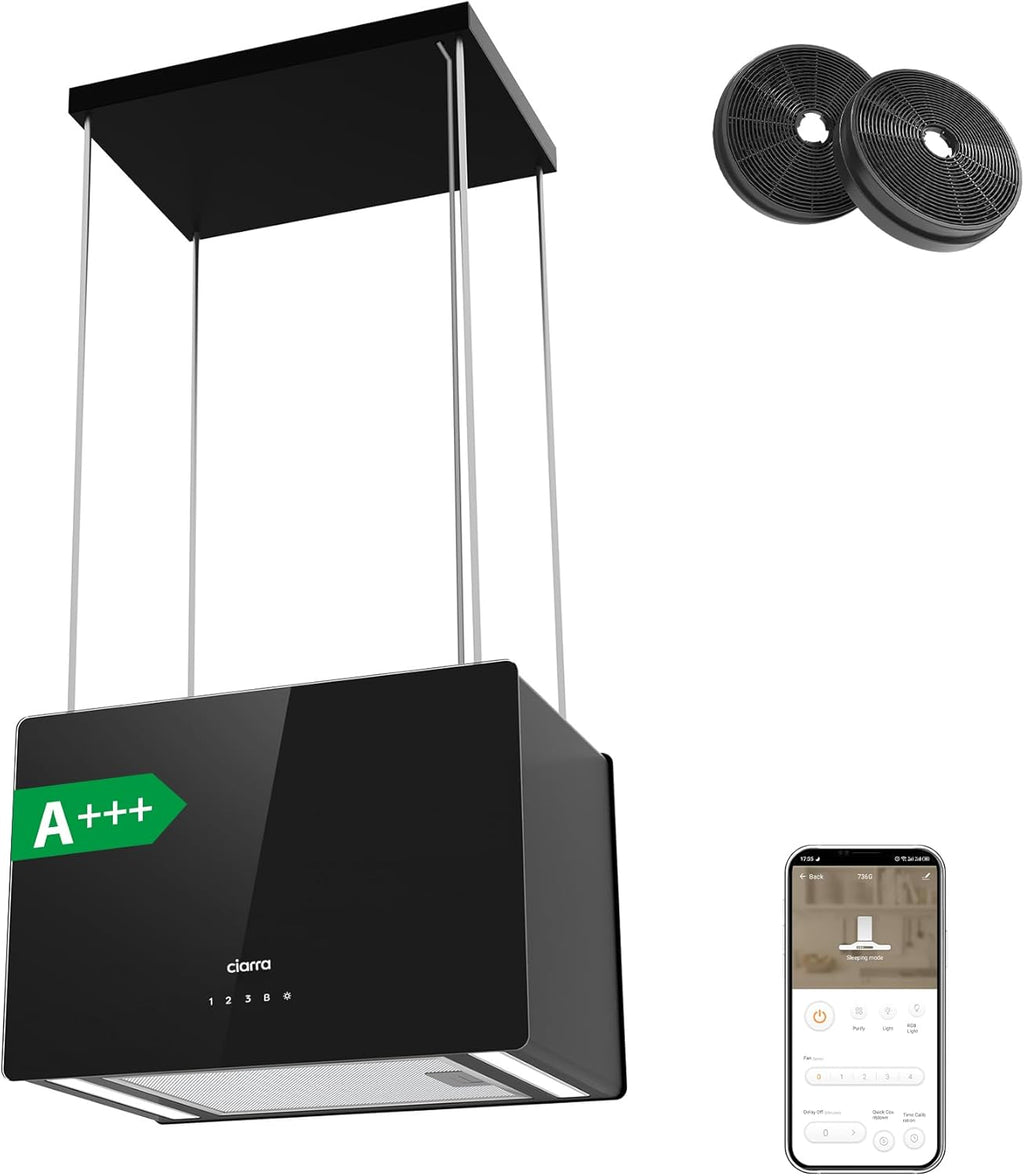 CIARRA CBCB4850 Campana Extractora en Isla sin Salida de Humos Clase A+++ 48cm 700m³/ h WiFi y Control Táctil Filtro de Carbón Incluido 4 Velocidades 2 Luces LED Negro