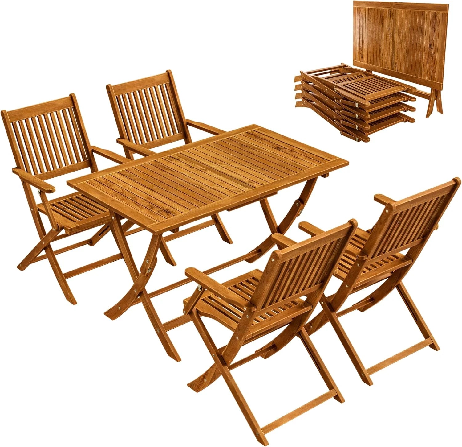 CASARIA® FSC® Outdoor Garden Table Set of 4 Chairs Acacia Wood Dining Set Patio Terrace Balcony Set 5 Pieces Folding Table Seats Armrests Durable Weather Resistant 120 x 70 cm