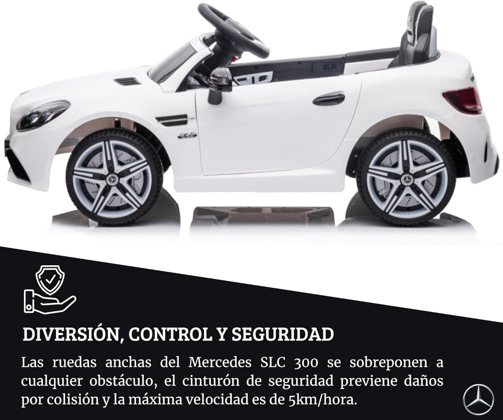 DEVESSPORT Coche Eléctrico Infantil Mercedes SLC 300 12V | con Mando, Faros LED, Música, USB y Apertura de Puertas – para Niños de 3 a 6 Años (Blanco)