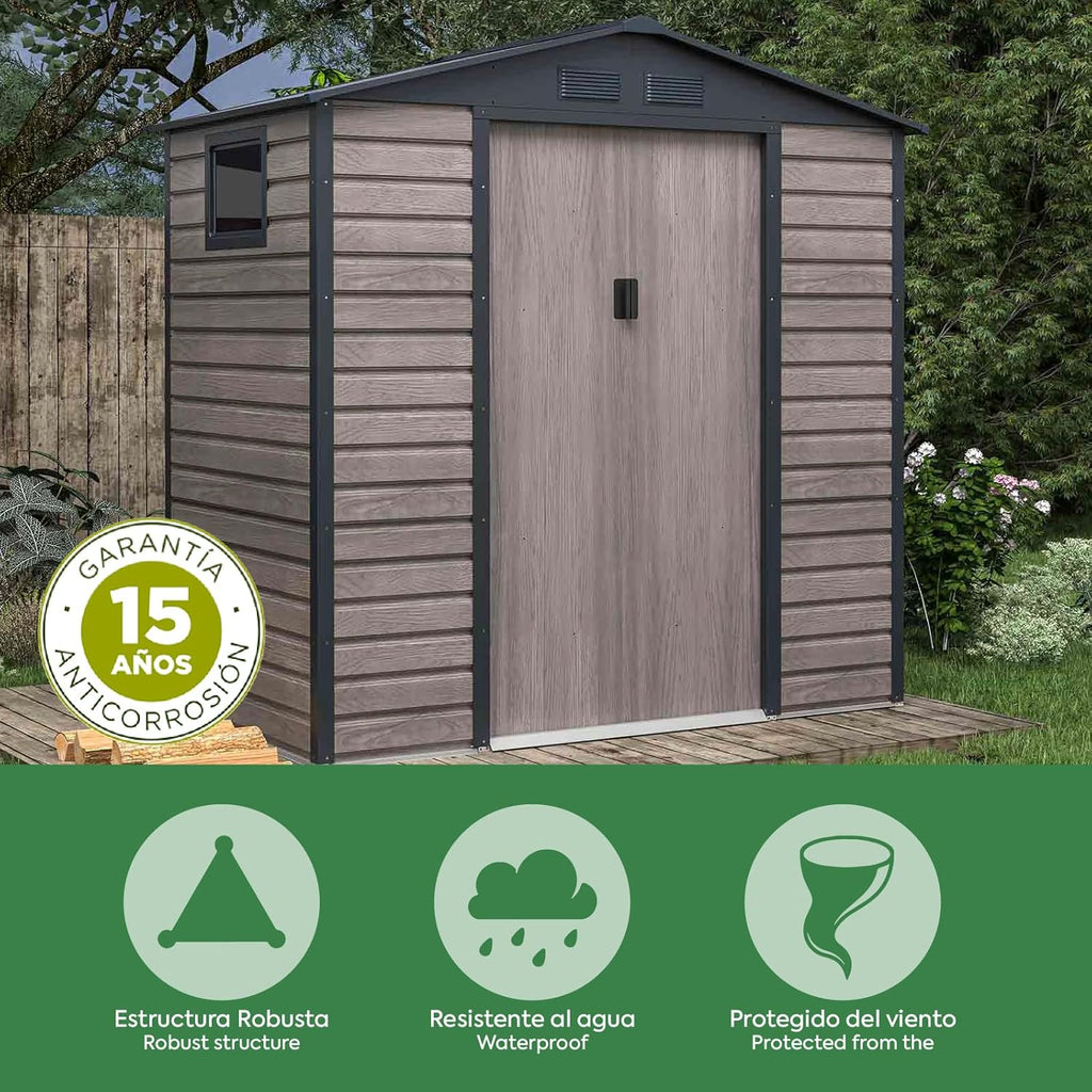Gardiun Caseta Metálica Surrey 2,71 m2 Exterior 213x127x211 cm de Acero con Ventana Lateral y Efecto Madera Veteada
