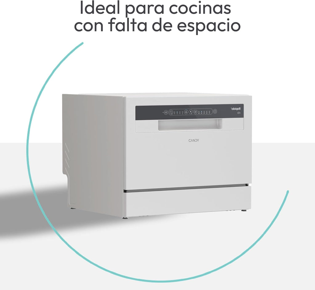 Candy CP 6E51LW Lavavajillas Pequeño y Compacto, 6 Servicios, Digital, 51DBA, 5 Ciclos, Media Carga, Inicio Diferido 3-6-9 horas, Indicador Sal y Abrillantador, Indicador Fin de Ciclo, Blanco