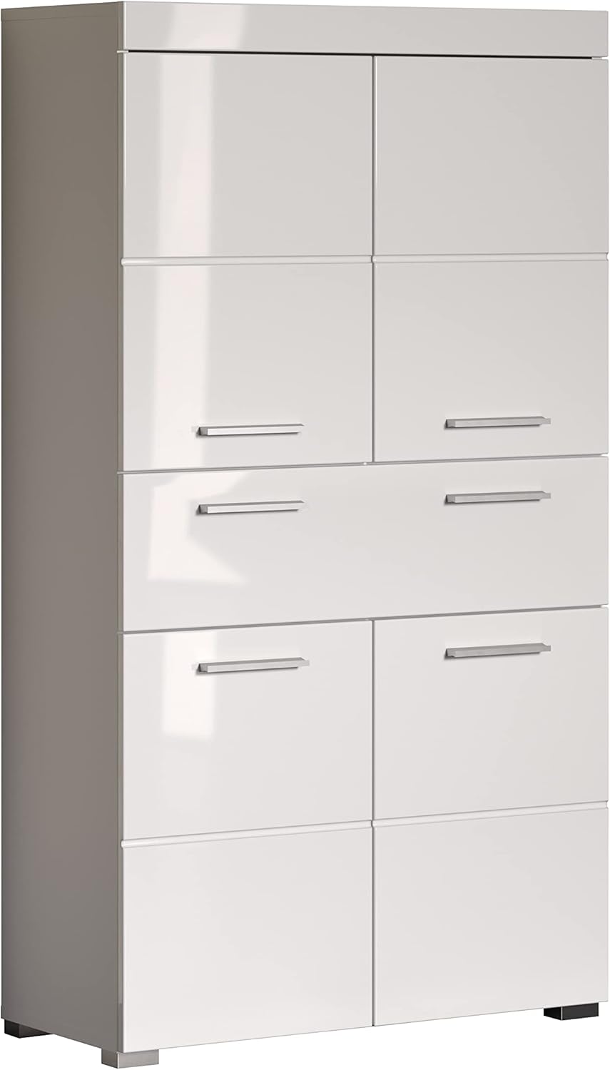 trendteam smart living Armario Alto para baño Amanda, 73 x 132 x 31 cm, en Blanco y Blanco de Brillo Intenso con cajón y abundante Espacio de Almacenamiento