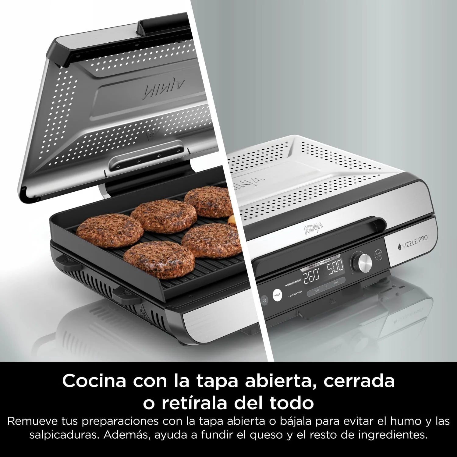 Ninja Sizzle Pro XL Indoor Grill and Griddle with Non-Stick Ceramic Griddle Plate and Griddle, Detachable Lid, Grease Catcher and Recipe Guide, Silver/Black GX101EU
