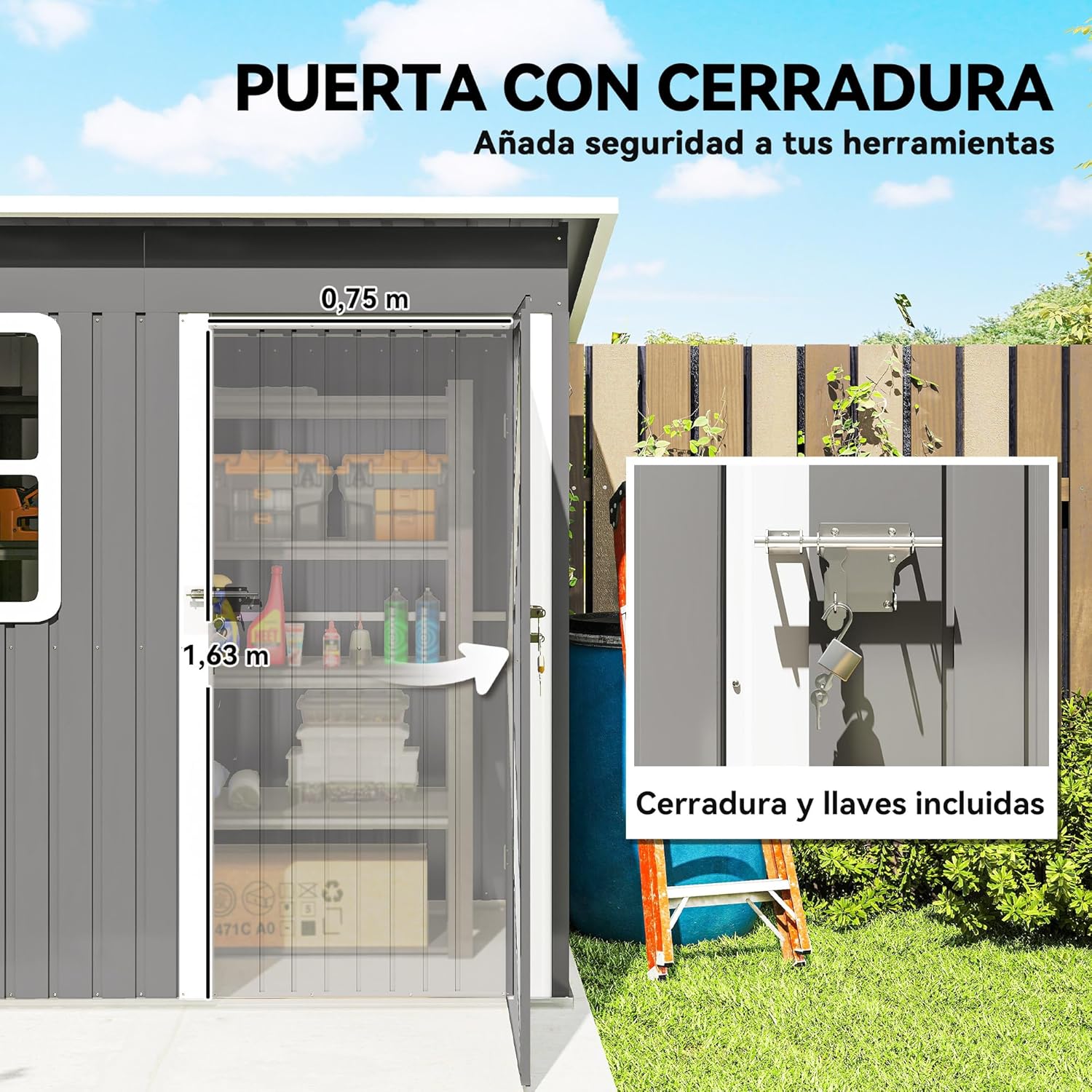 Outsunny Caseta de Jardín Exterior, 2,55 m² 221x133x190 cm, Cobertizo de Jardín Exterior Metálico con Ventana, Puerta con Cerradura y Ventilaciones, para Almacenamiento de Herramientas, Gris Oscuro