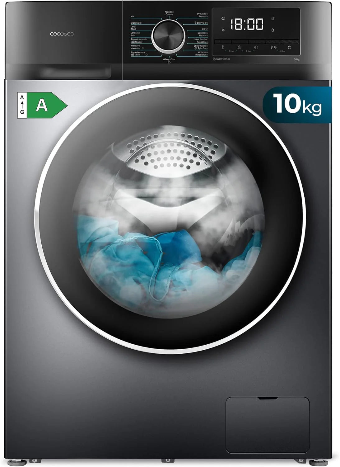 Cecotec Washing Machine 9 kg Front Load Bolero Dresscode 9500 Inverter Steel A. 1900W, 1400 rpm, Inverter Plus Motor, Low Consumption, 16 Programs, SteamMax, Delay Start, Steel