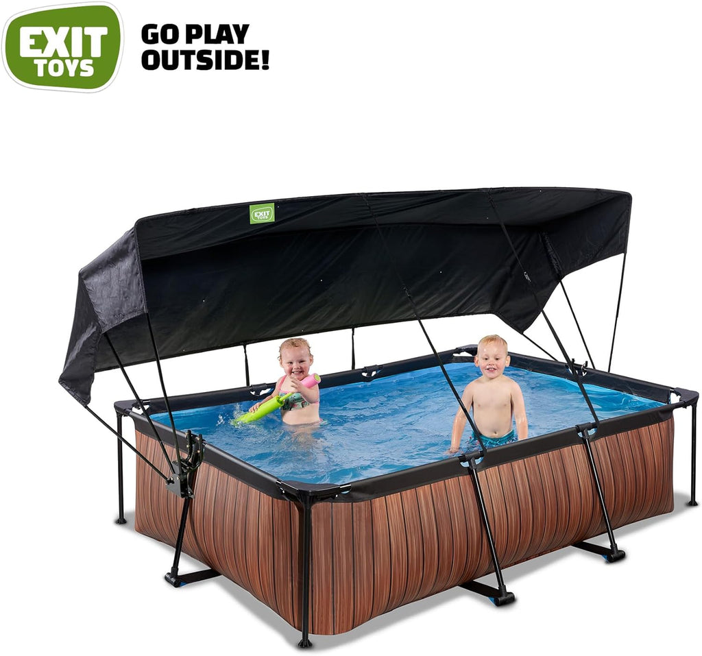 EXIT Toys Wood Pool con Toldo Solar - 220x150x65cm - Piscina de Marco Rectangular Compacta con Bomba de Filtro de Cartucho - Protección UV Óptima - Fácil Acceso - Diseño Único - Marrón