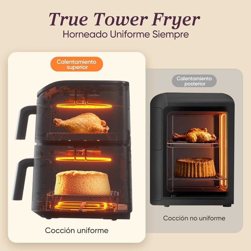 Cosori Turbo Tower Freidora de Aire10,8L con Cesta Verticales, Cocción en 3 Niveles que Ahorra Espacio, 2630 W, 6 funciones, 2 DC Motores, Más de 50 Recetas Completas en Línea