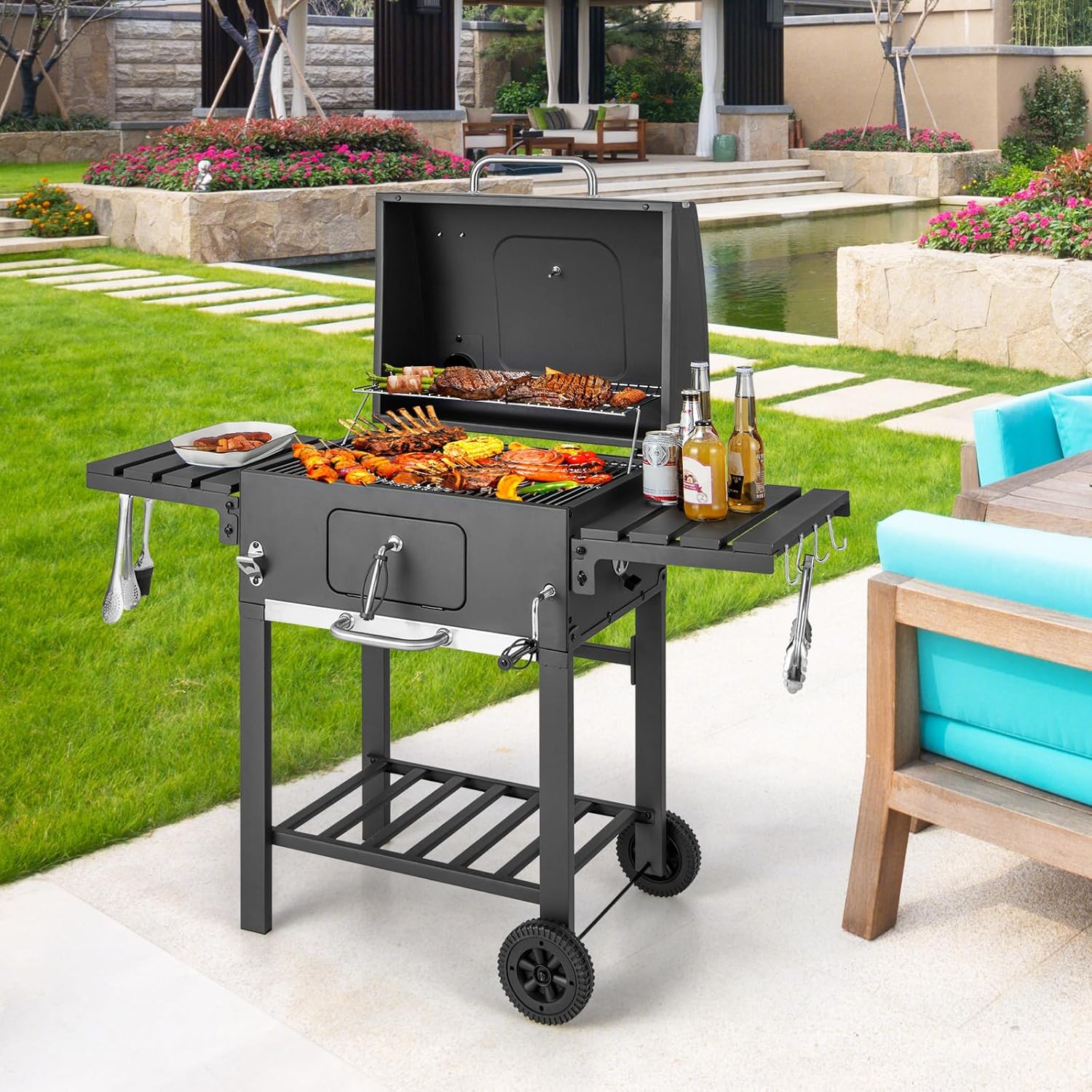 COSTWAY Barbacoa Carbon XXL, Barbacoa Portatil 128 x 54x 117 cm, Tapa, Termómetro, 2 Mesas Laterales Plegables, 8 Ganchos, 2 Ruedas y Abridor de Botellas
