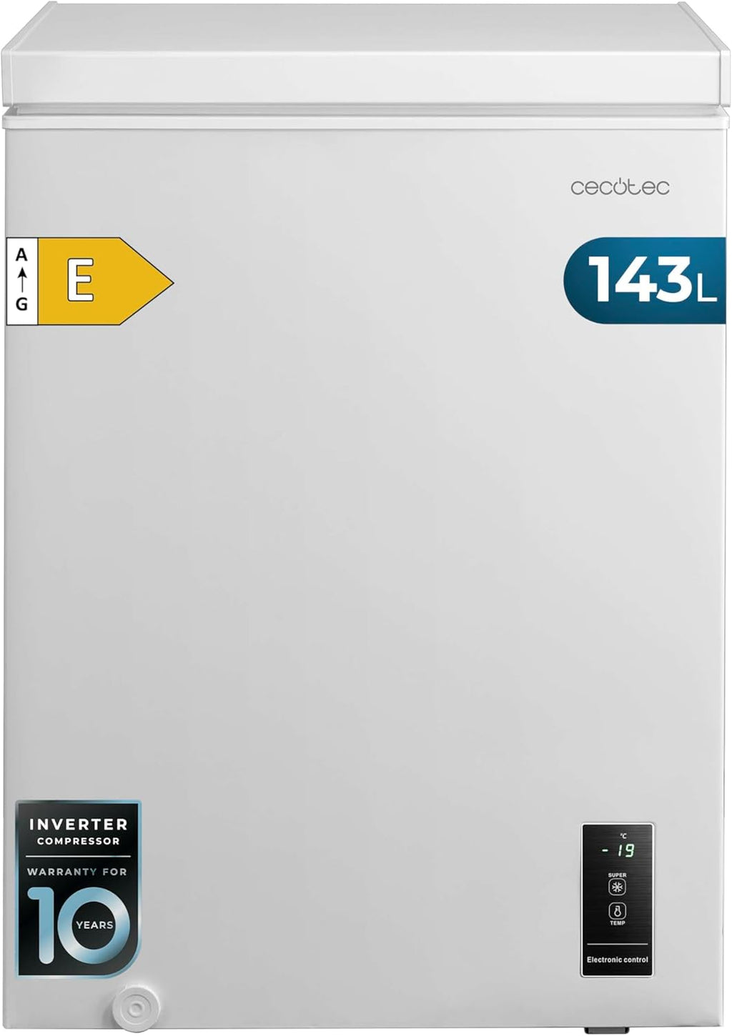Cecotec Congelador Horizontal 143L Bolero CoolMarket Chest 143P White E. Cesta con Asas, Control Electrónico LED, UltraContact D-Cool, Dual Function, Puerta ZeroG (80º-30º), Fast Freezing, Compacto