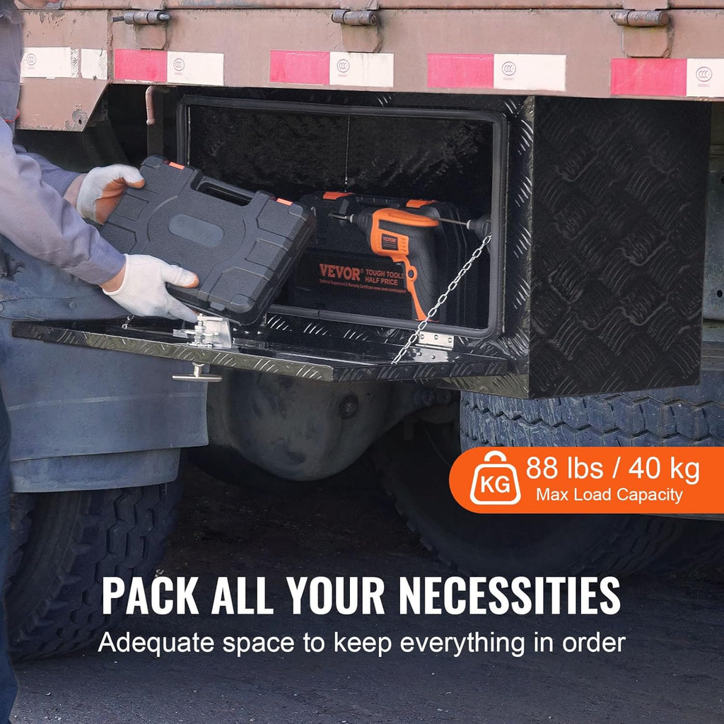 VEVOR Caja de Herramientas para Camión 914x432x457mm Caja de Bastidor Inferior Caja de Almacenamiento de Aleación de Aluminio Montaje Inferior con Cerradura y Llaves para Remolques, Camionetas, Negro