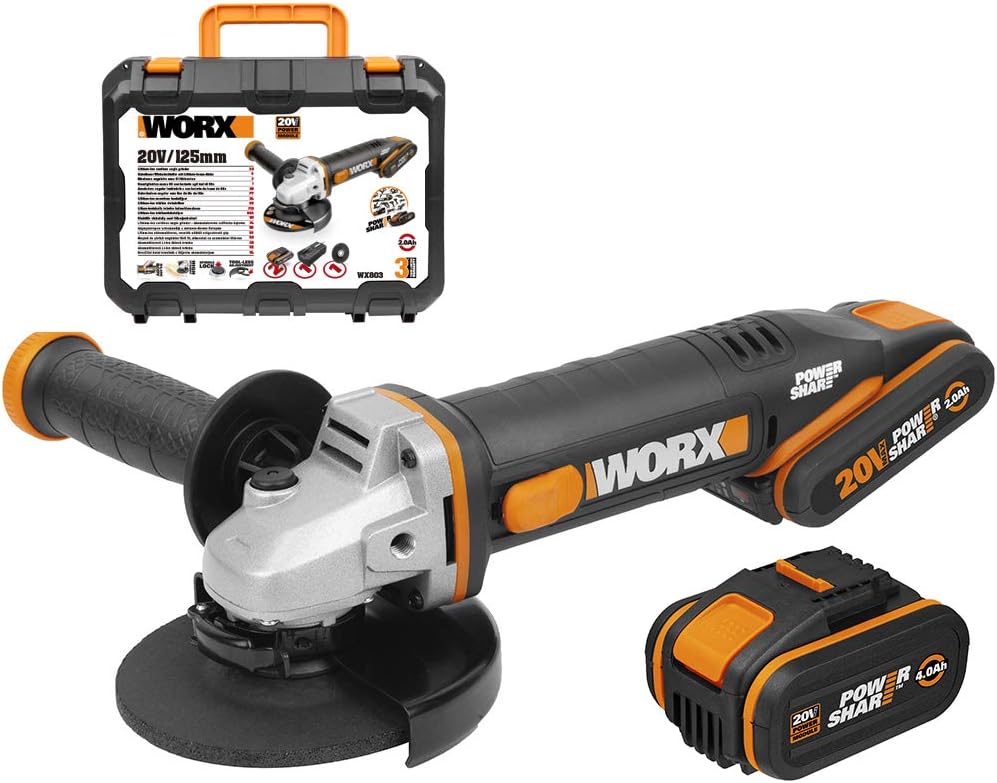 WORX | Amoladora 125mm 20V | PowerShare | WX803 | Incluye 2 baterías 2Ah y 4Ah | Bloqueo del husillo | interruptor lateral | Sistema de ajuste rápido sin herramientas | Mango auxiliar