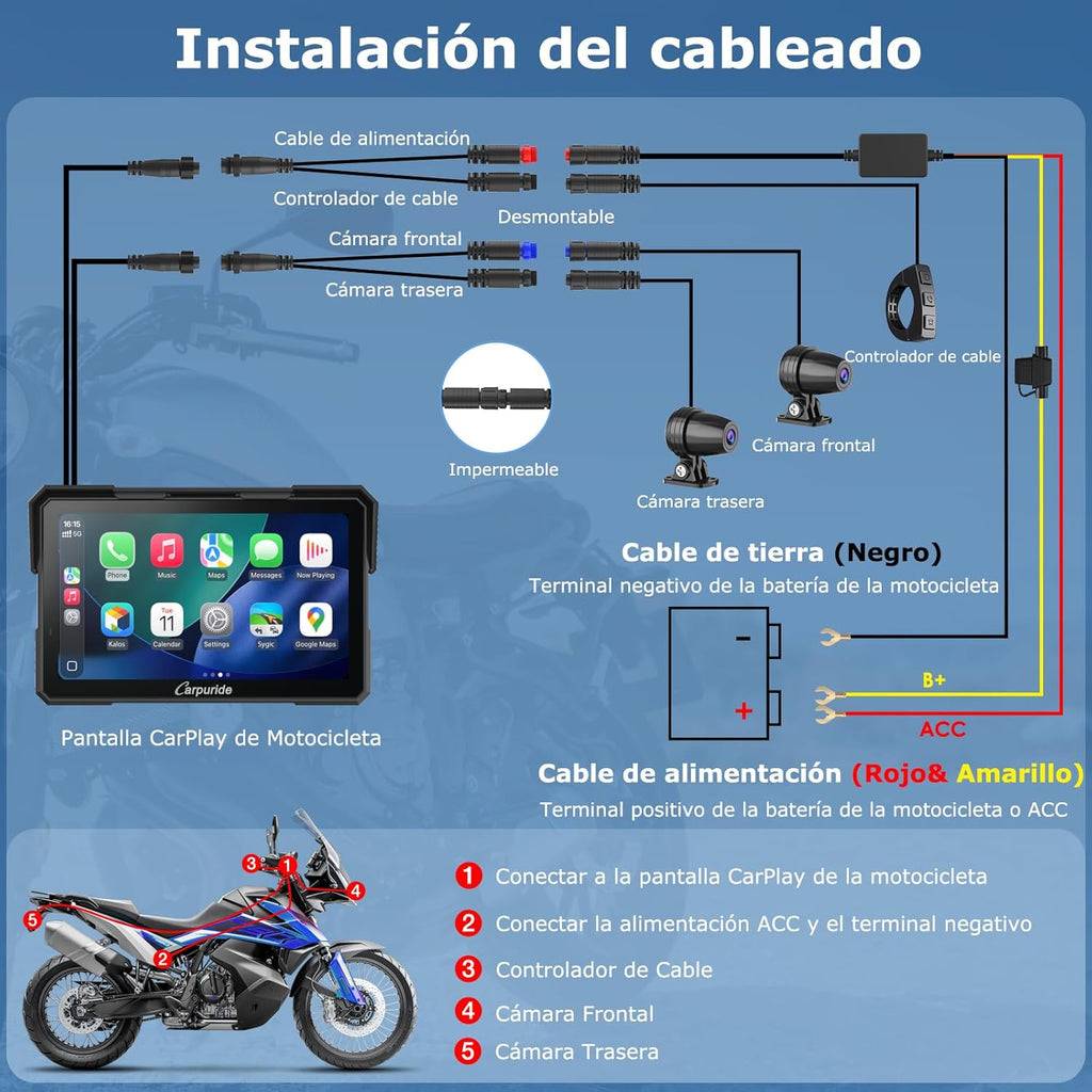 Carpuride W702 Plus Android 14 Motocicleta Carplay Pantalla con Doble Cámara, CarPlay y Android Auto Inalámbricos,7" Pantalla Táctil Impermeable, Audio BT,Grabación Bucle, Navegación Online y Offline.