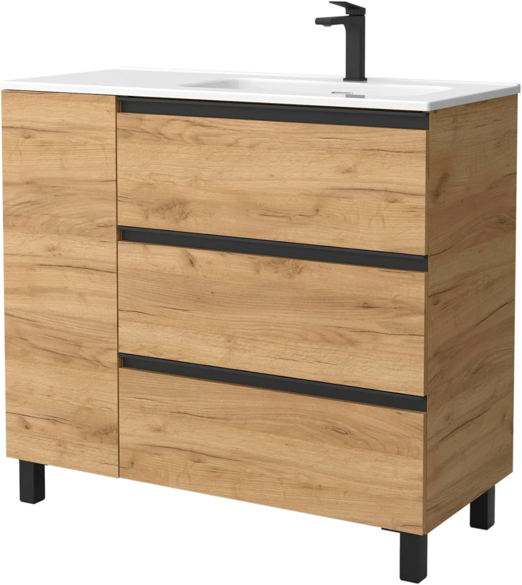 Mueble de Baño BEQUIA Plus Metal 3C 90cm Roble | Lavabo Porcelana Grifo Derecha