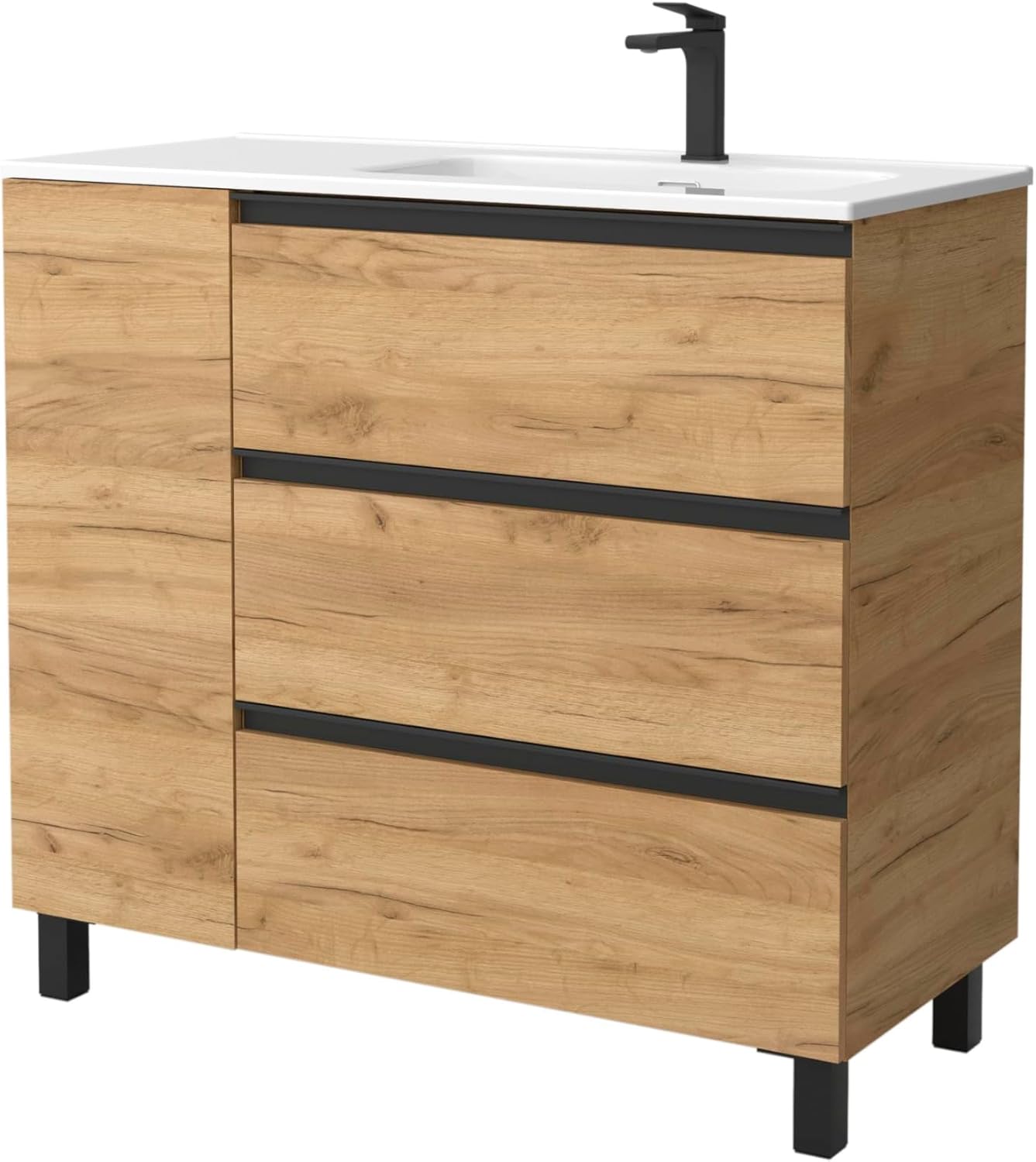 Mueble de Baño BEQUIA Plus Metal 3C 90cm Roble | Lavabo Porcelana Grifo Derecha
