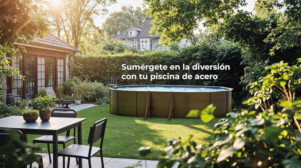 Piscina de Acero Elevada,Ovalada con Aspecto Madera. Piscinas Desmontables para Jardín. 730 x 375 x 120 cm - Piscina Gre KIT730W Pacific.