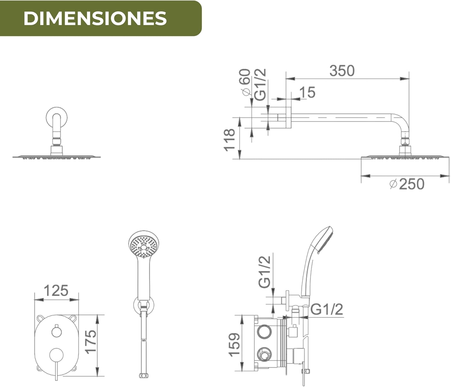 IMEX - Ducha Exterior Pared Acero Inoxidable | Ducha de Jardín Empotrable Exterior para Pared de Acero S.316 | Conjunto de Grifería con Agua Fría y Caliente para Piscina con Alcachofa | Serie Moscú