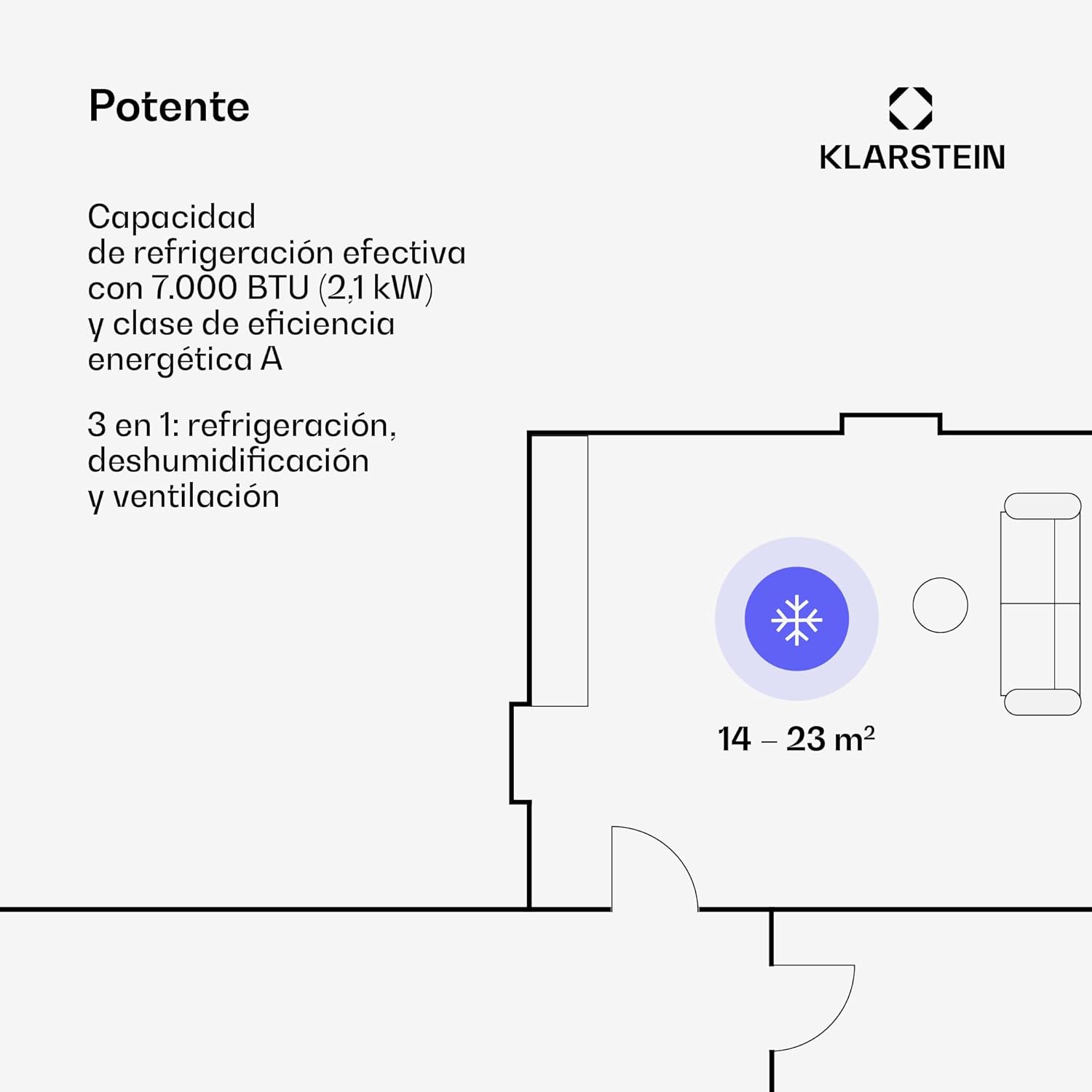 Klarstein Aire Acondicionado Portatil y Silencioso, 4 en 1 Enfriador de Aire para Casas y Oficinas con Modo Noche, Con Mando y Deshumidificador, Aires Acondicionados Bajo Consumo 7,000 BTU Blanco